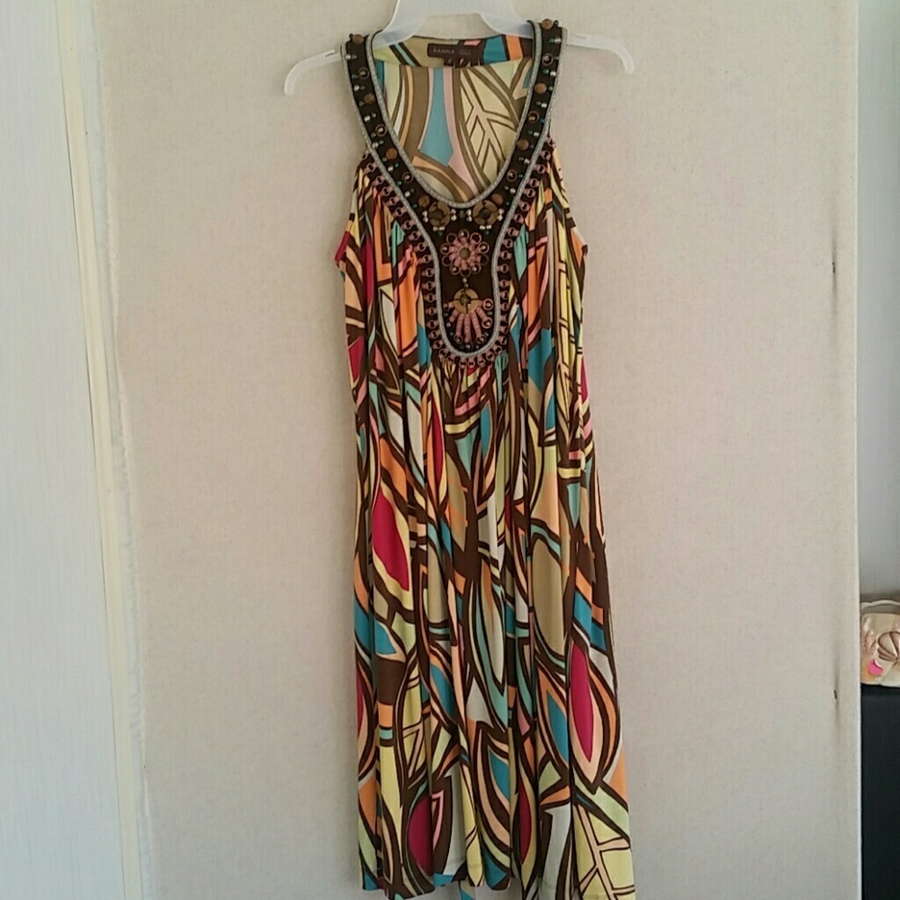 Anthro Rana Gill Maxi Dress Beaded Halter Maxi Flowy Women's Small